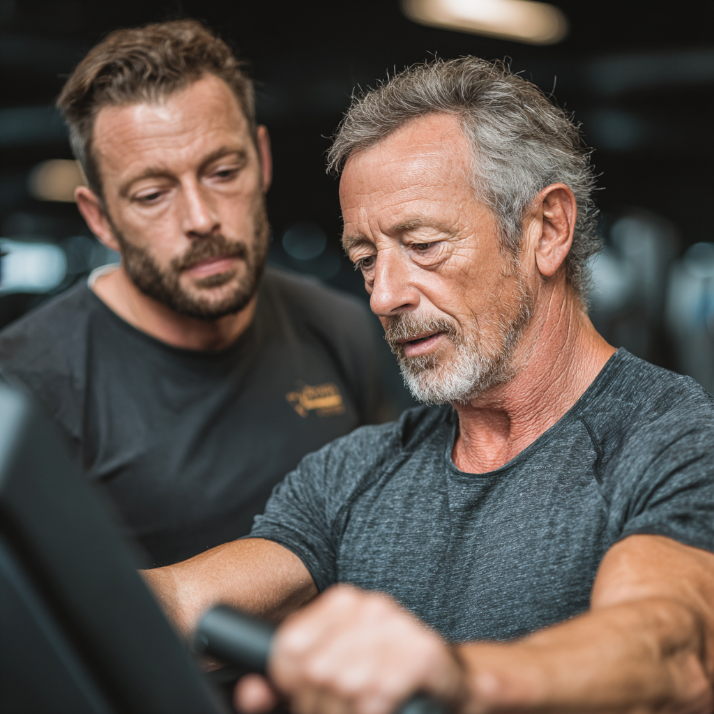 Досвідчений тренер 58 років консультує чоловіка 52 років під час персонального тренування в залі stonverick, демонструючи індивідуальний підхід