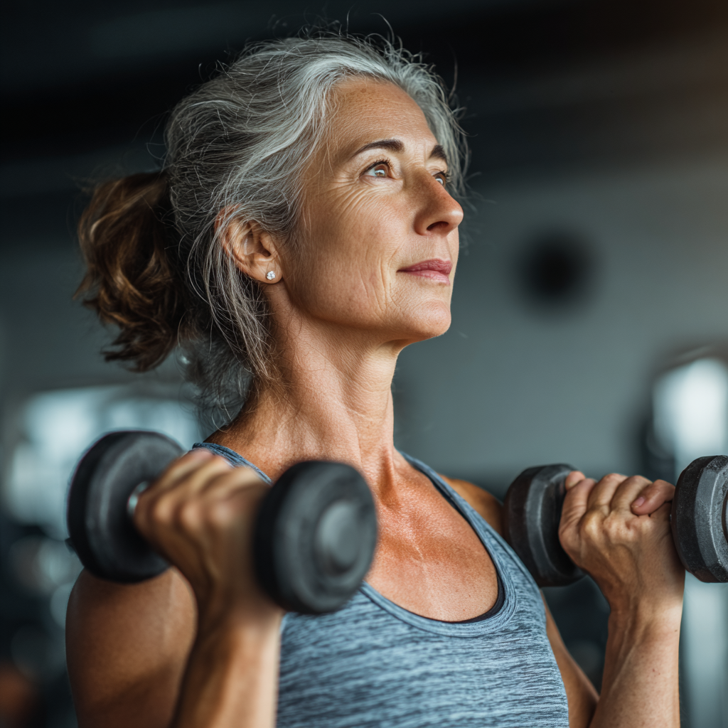 Енергійна жінка 55 років виконує функціональні вправи з гантелями в сучасному фітнес-залі, демонструючи силу та витривалість